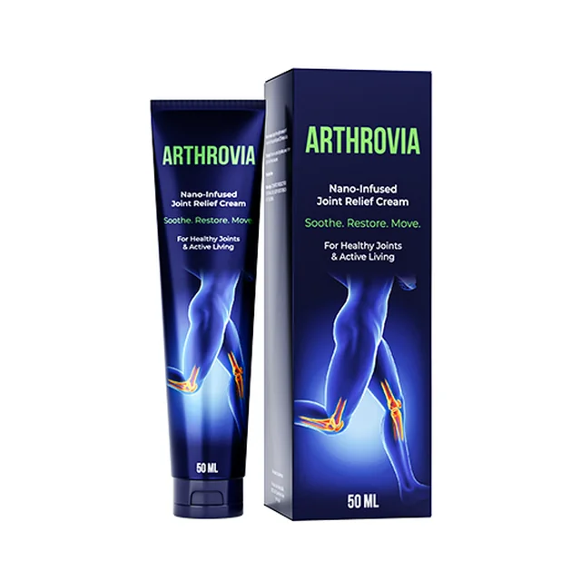 Bisnaga e caixa azul escuro de creme Arthrovia de 50 ml para articulações, uso externo