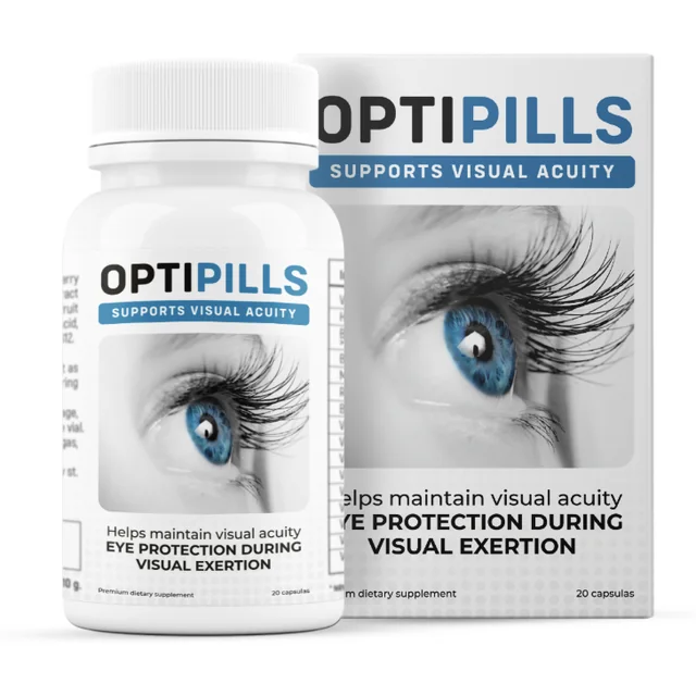 Frasco e caixa brancos OptiPills com 20 cápsulas e a menção supports visual acuity sobre um olho azul